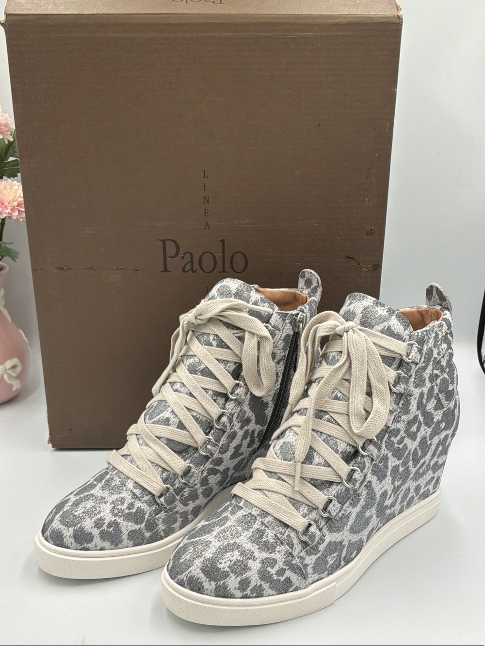 Paolo Silver-Gray Leopard Wedge Sneakers